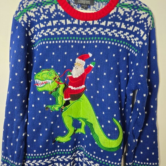 Blizzard Bay Men's Size S Ugly Christmas Sweater Santa Riding T-Rex - Picture 2 of 8